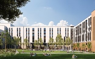 Exterior rendering of the student housing facility and a green space.