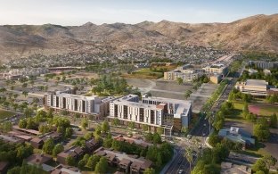 Exterior, aerial rendering of the student housing facility with mountains in the background.