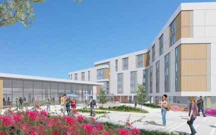 Exterior rendering of the CSUSM housing and dining facility.