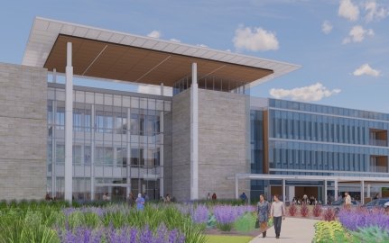 Exterior rendering of the main entryway to the hospital